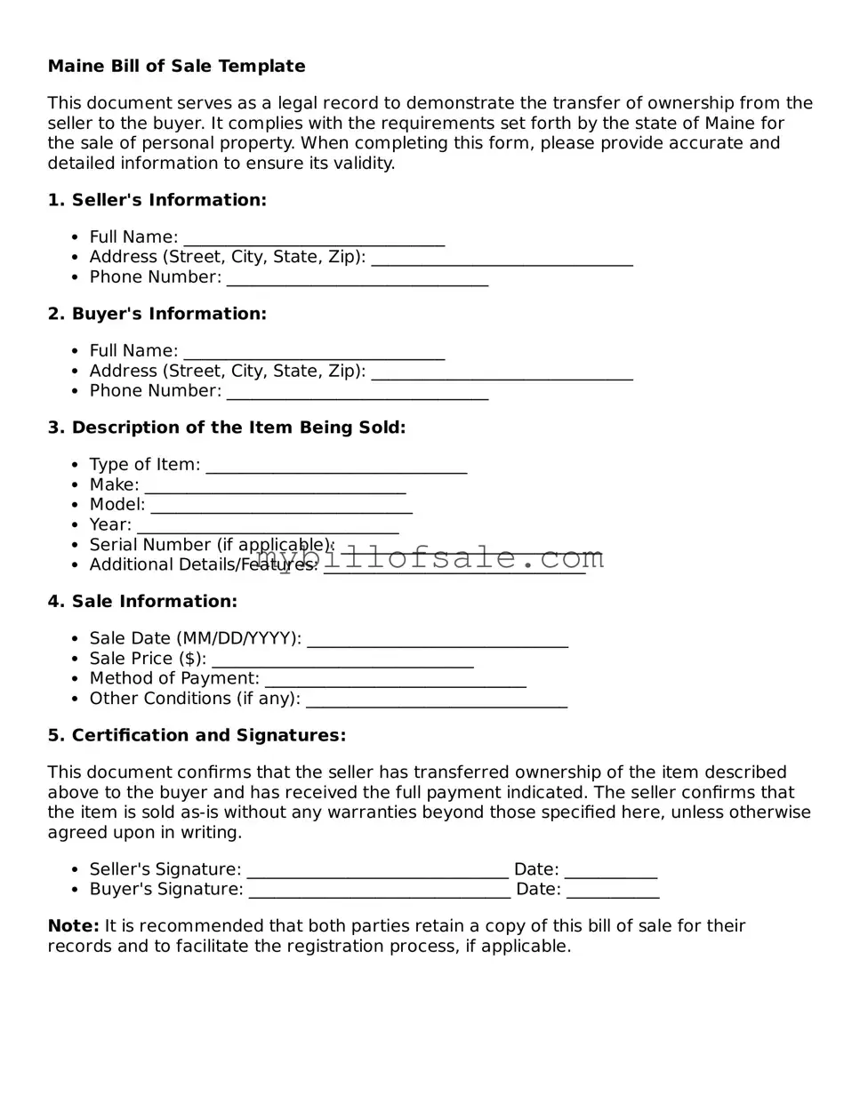Official Maine Bill of Sale Template