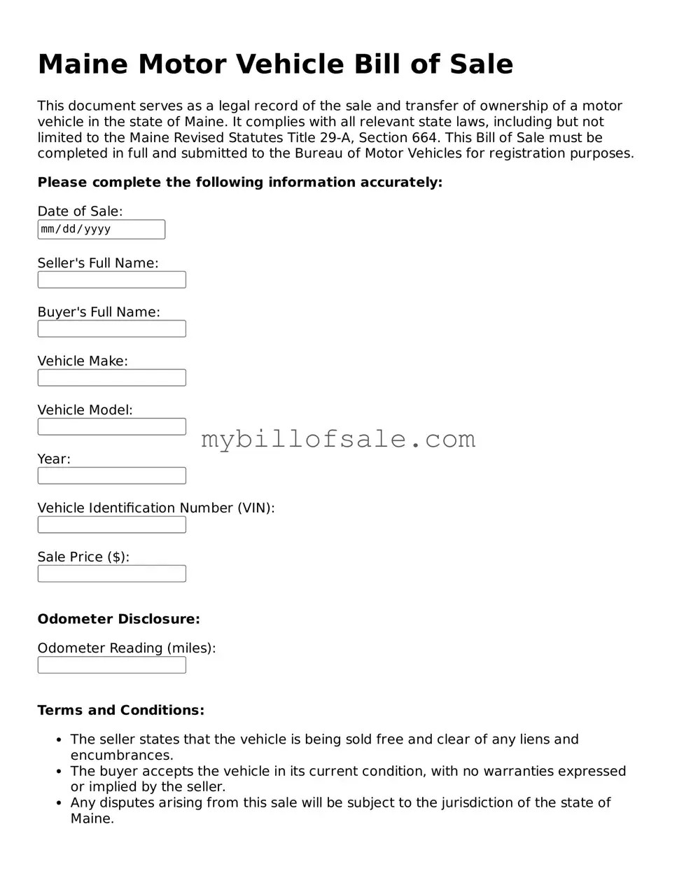 Official Maine Motor Vehicle Bill of Sale Template