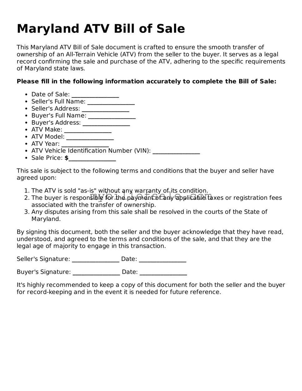 Official Maryland ATV Bill of Sale Template