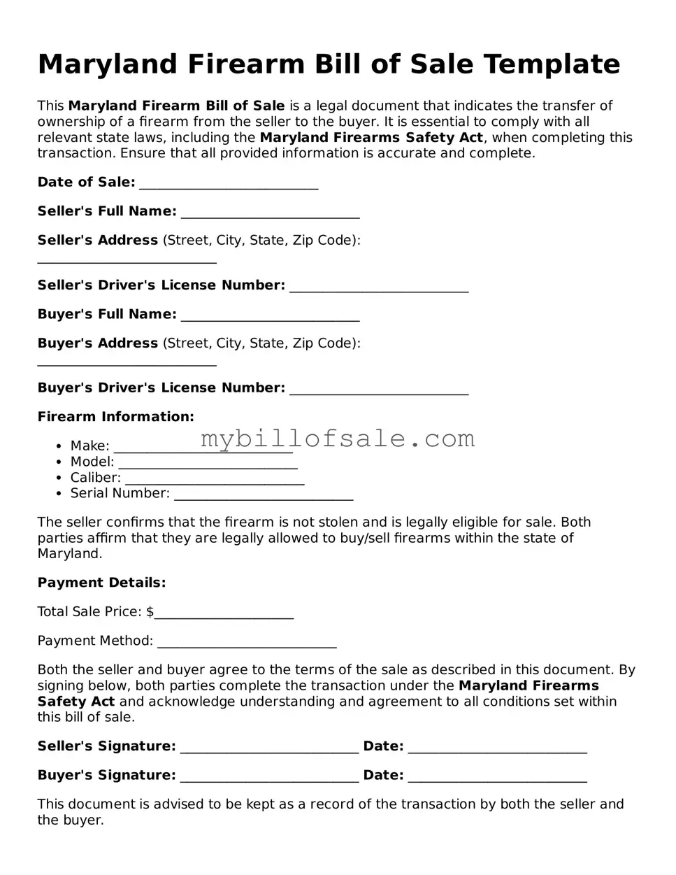 Official Maryland Firearm Bill of Sale Template