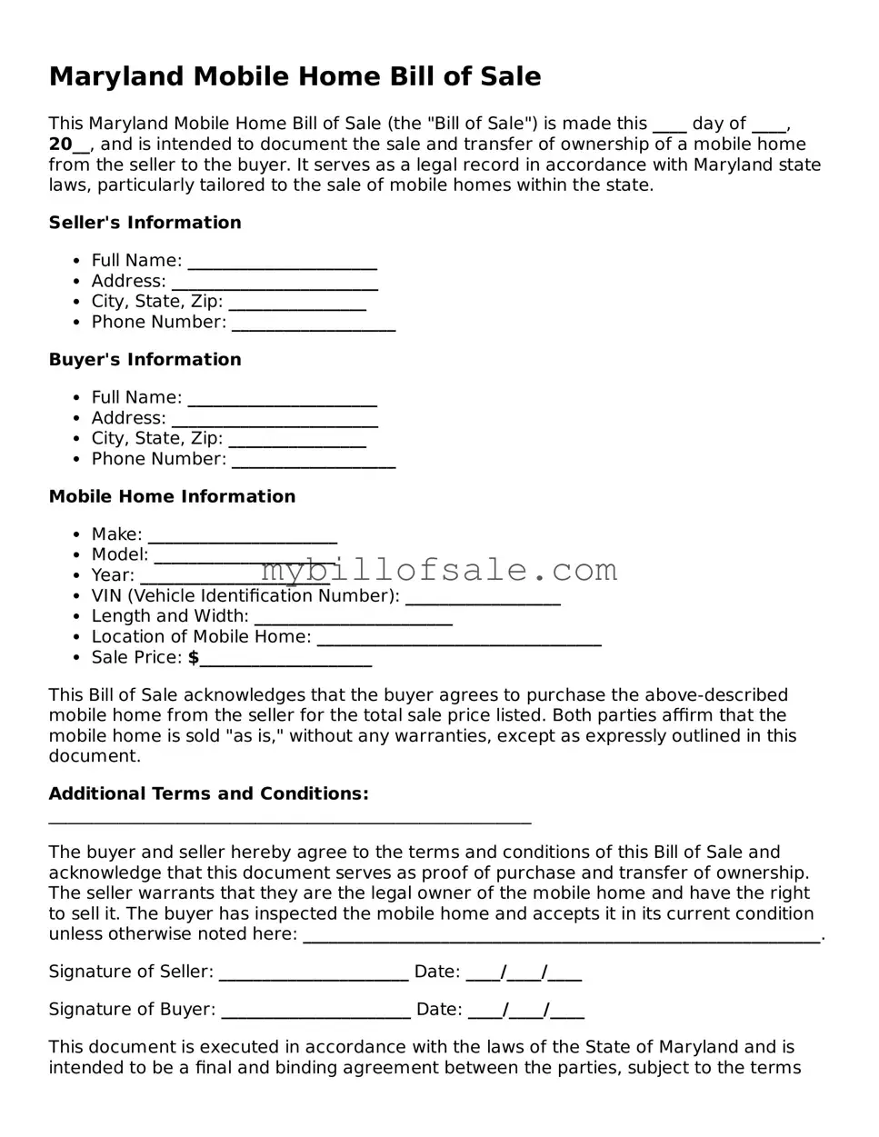Official Maryland Mobile Home Bill of Sale Template