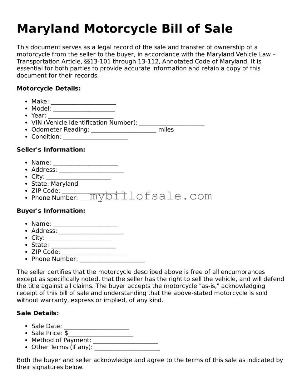 Official Maryland Motorcycle Bill of Sale Template