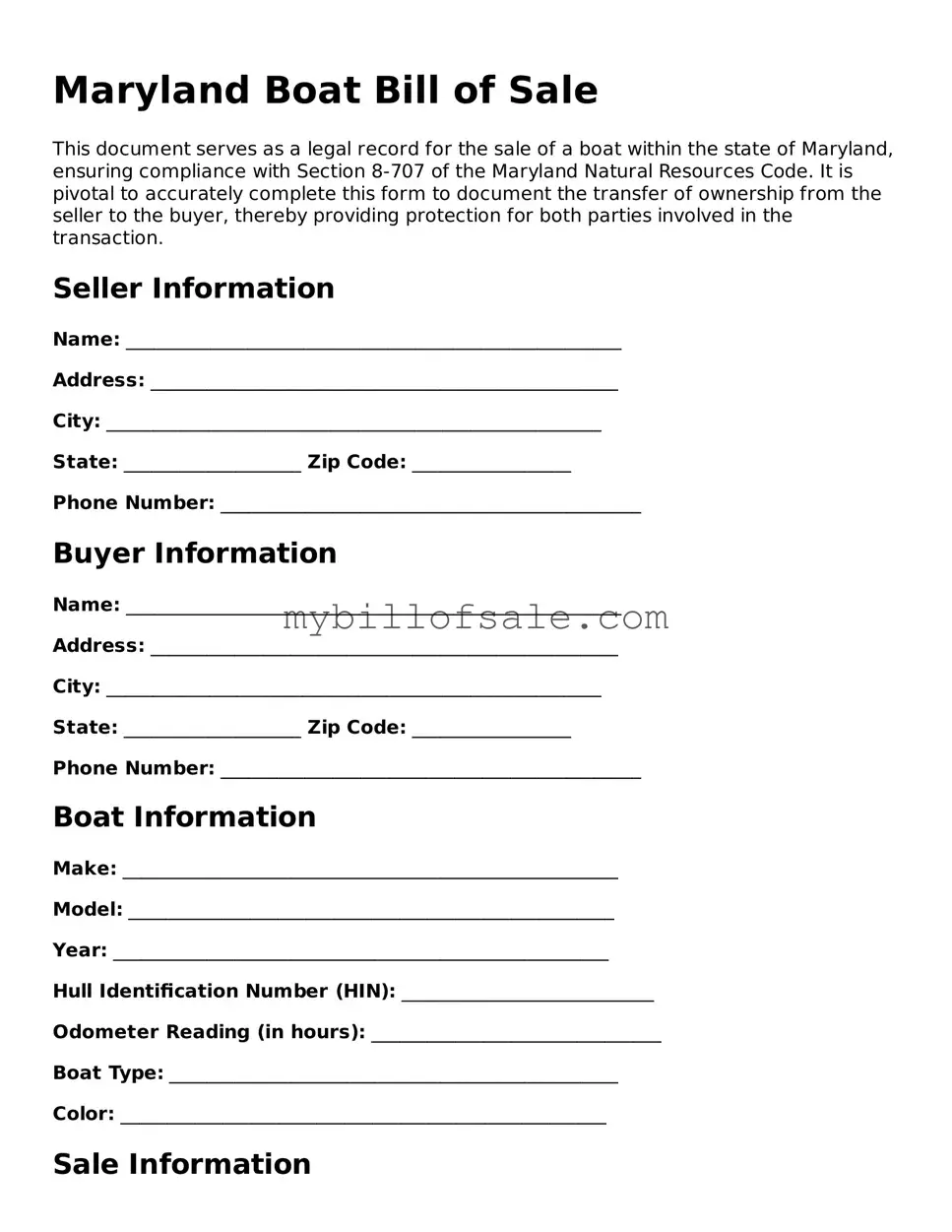 Official Maryland Boat Bill of Sale Template