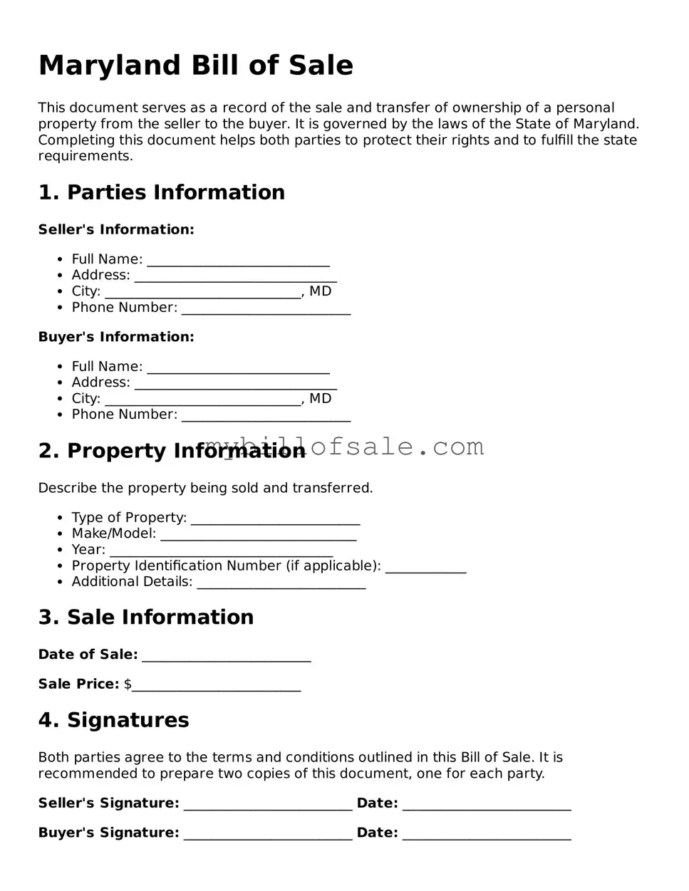 Official Maryland Bill of Sale Template