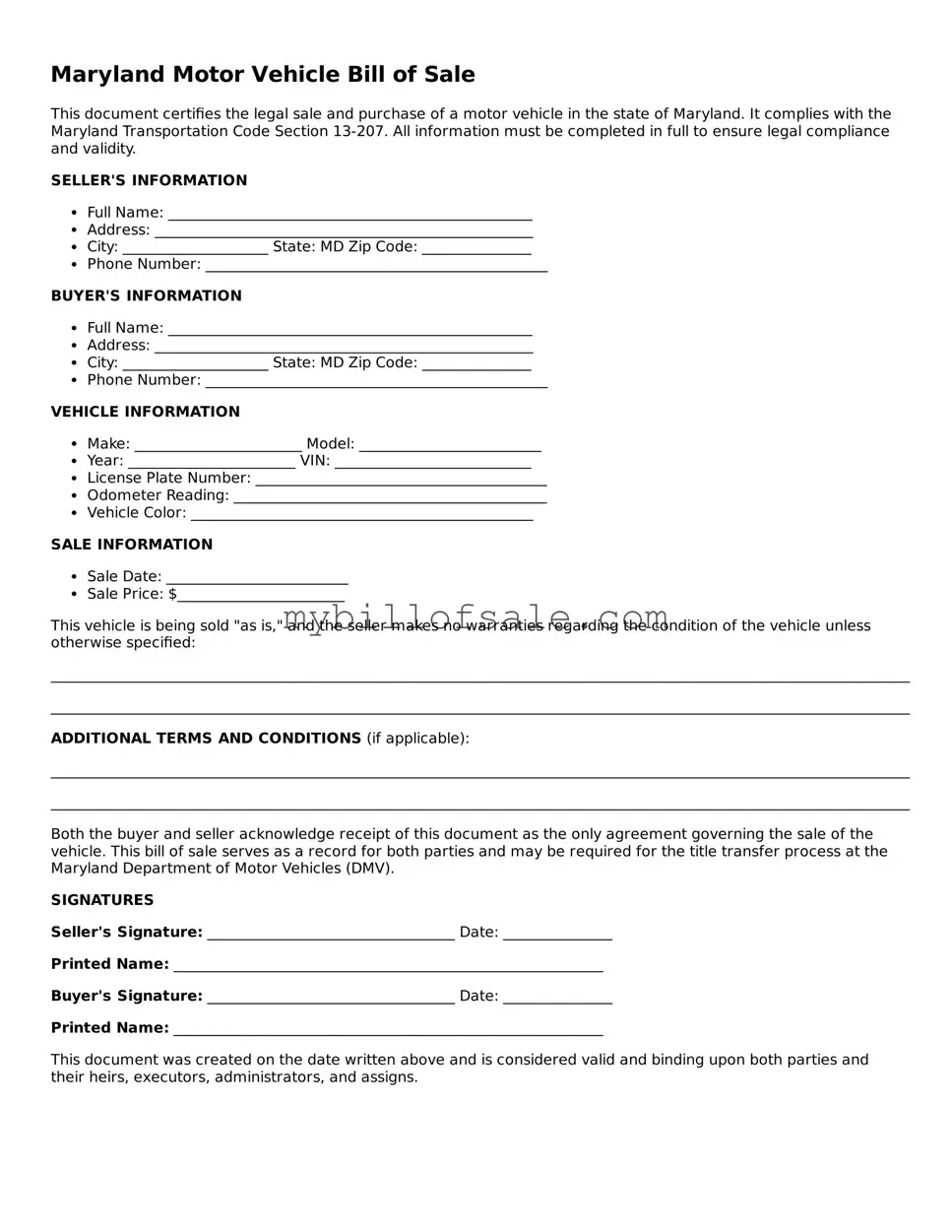 Official Maryland Motor Vehicle Bill of Sale Template