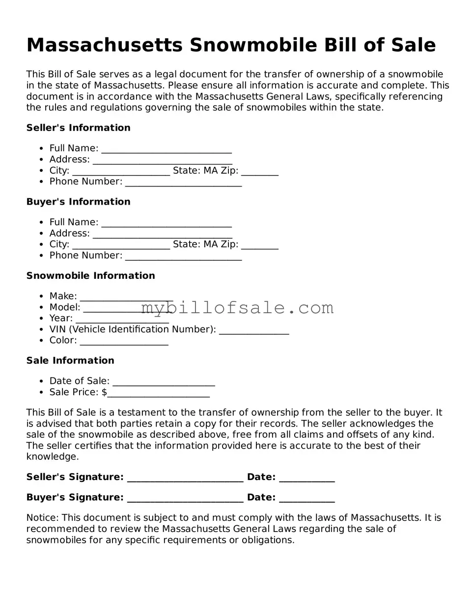 Official Massachusetts Snowmobile Bill of Sale Template