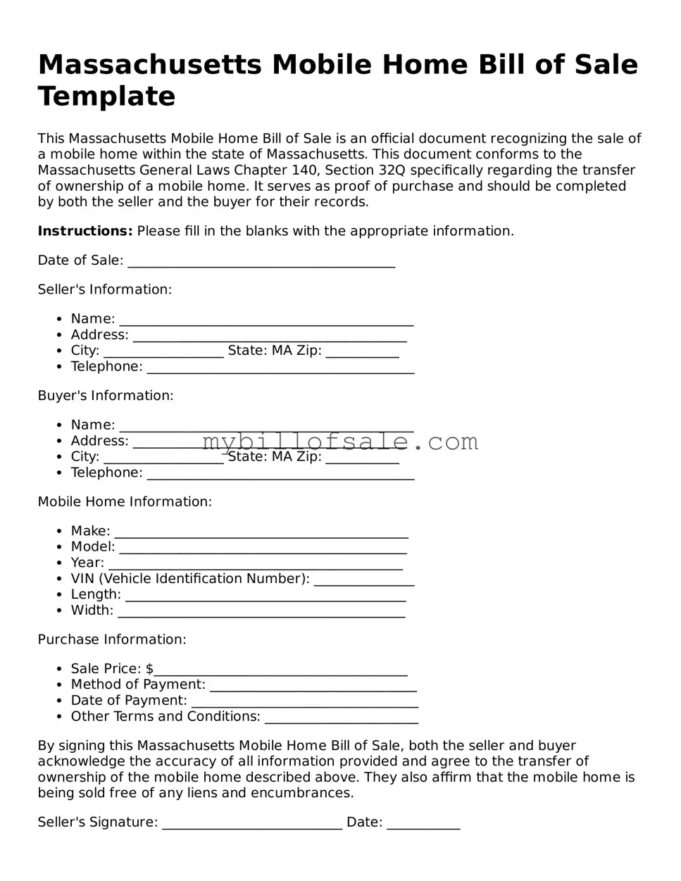 Official Massachusetts Mobile Home Bill of Sale Template