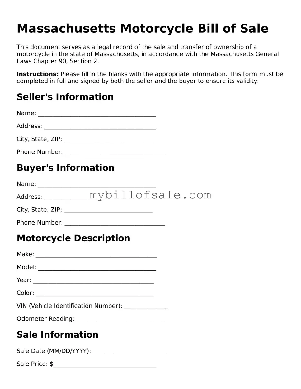 Official Massachusetts Motorcycle Bill of Sale Template