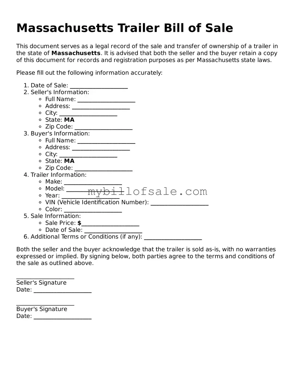 Official Massachusetts Trailer Bill of Sale Template