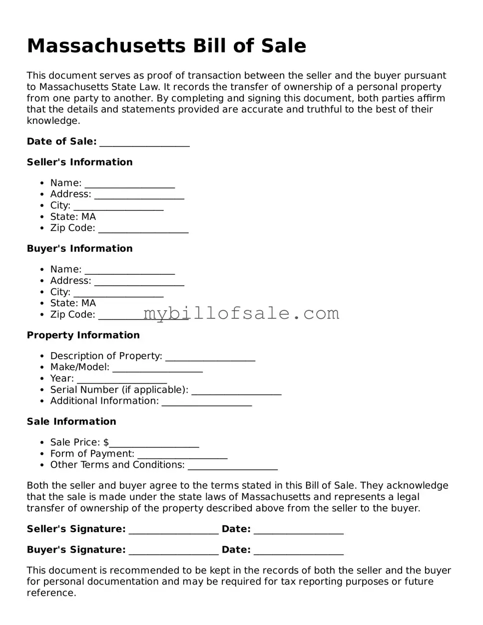 Official Massachusetts Bill of Sale Template