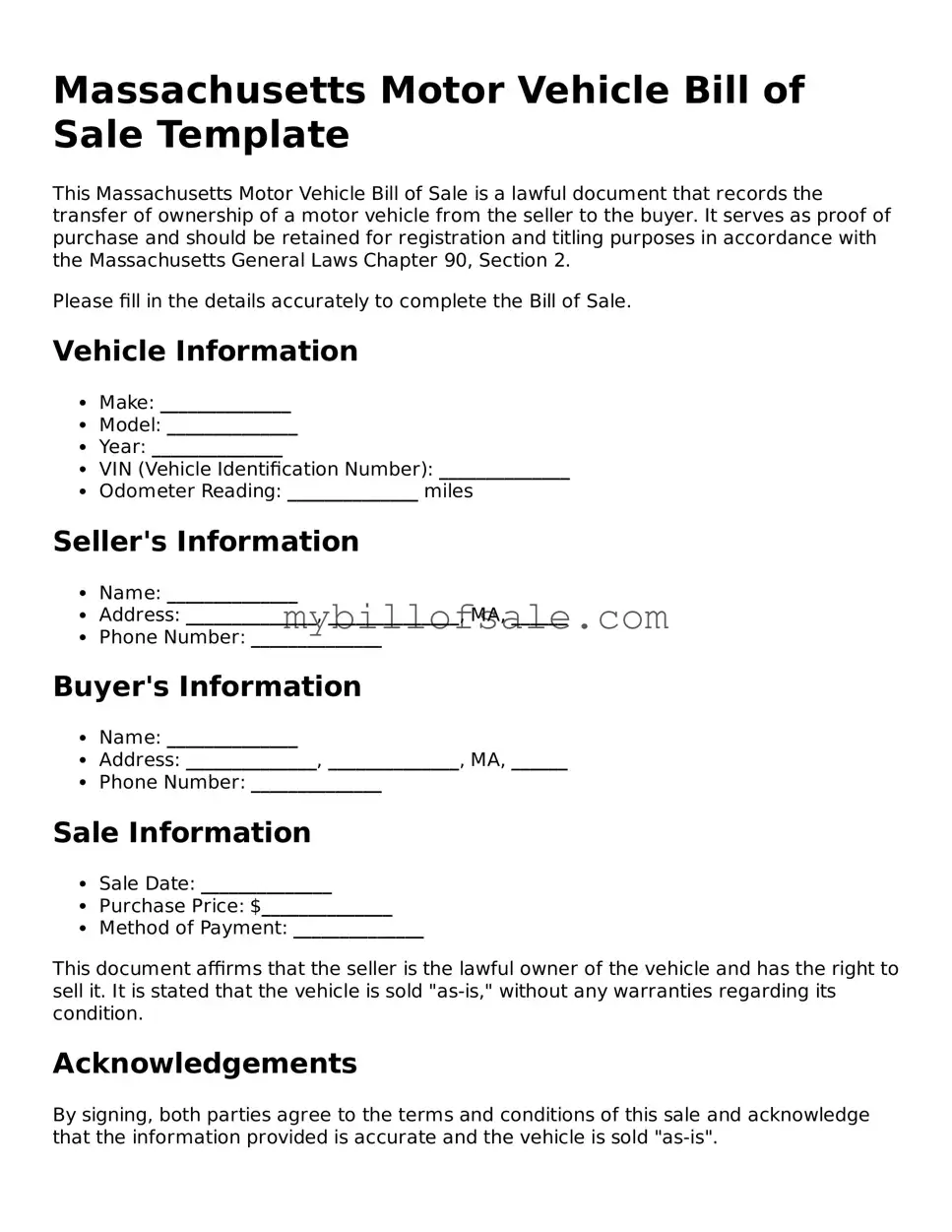 Official Massachusetts Motor Vehicle Bill of Sale Template