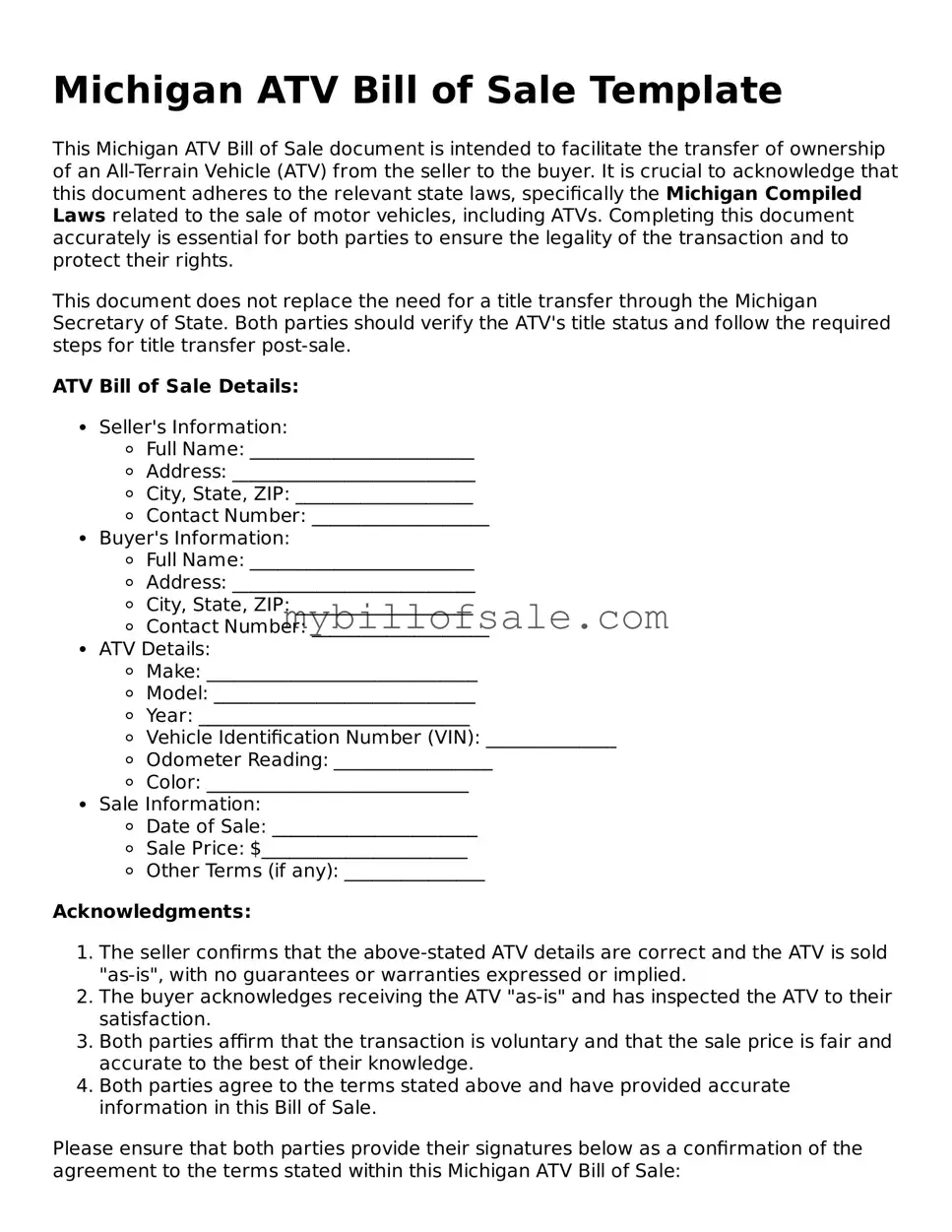 Official Michigan ATV Bill of Sale Template