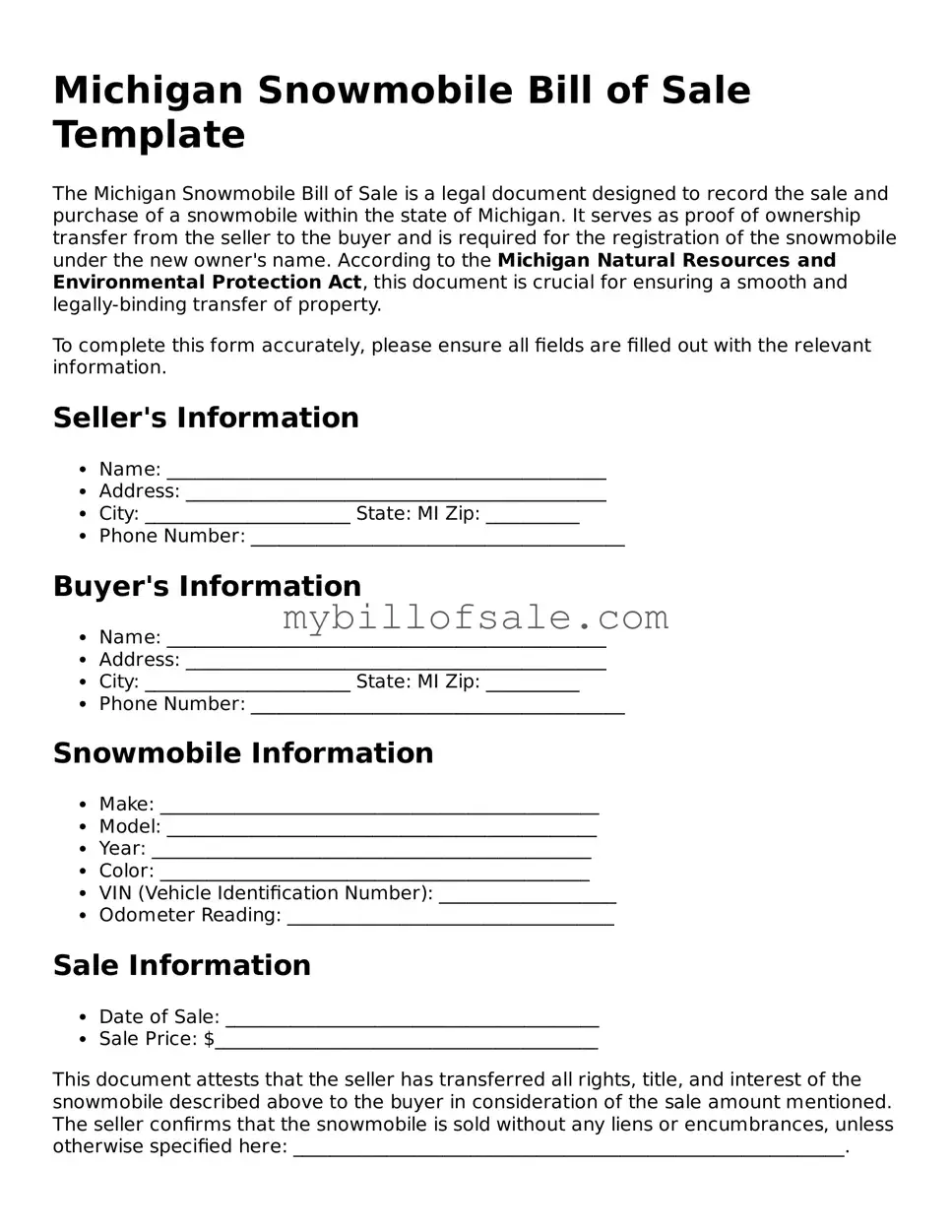 Official Michigan Snowmobile Bill of Sale Template