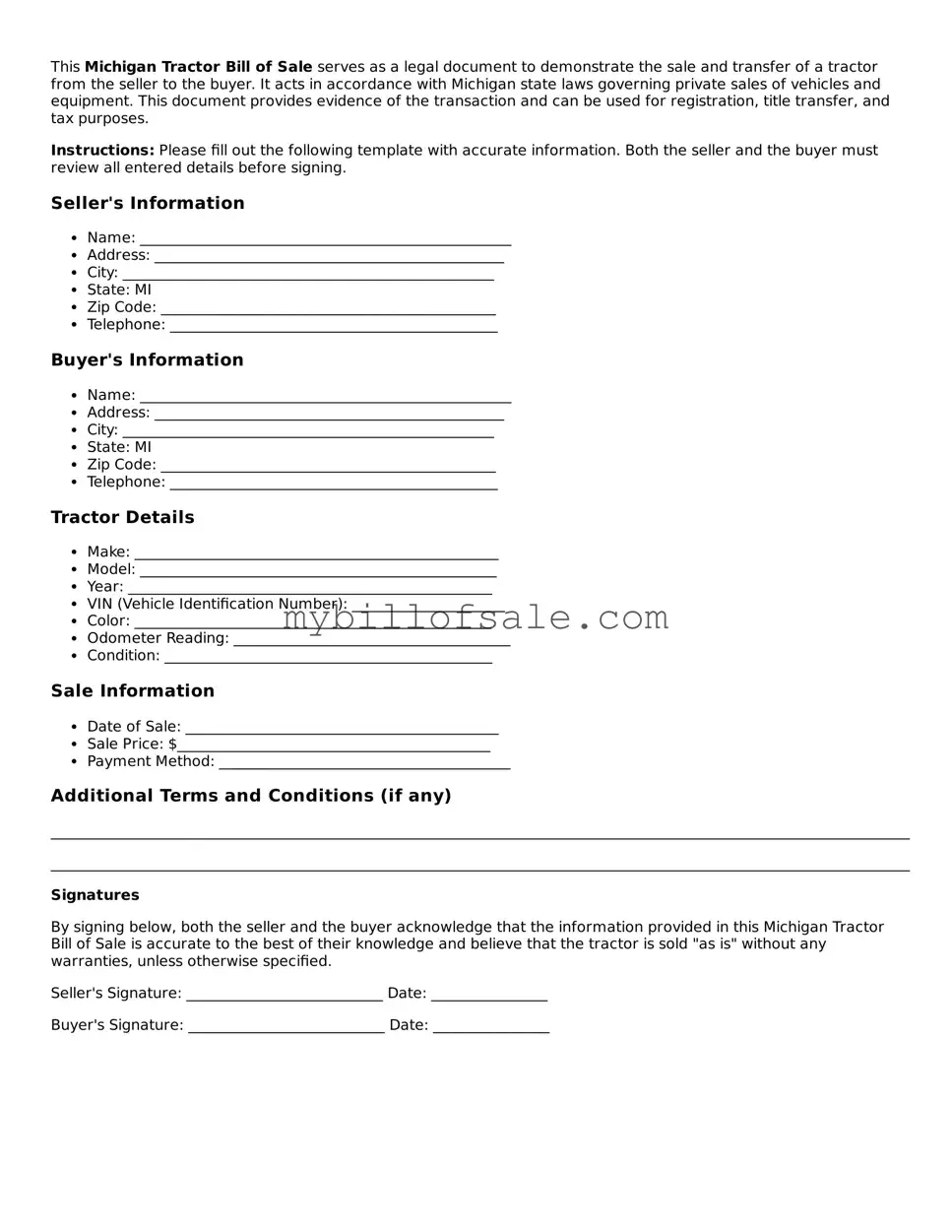 Official Michigan Tractor Bill of Sale Template