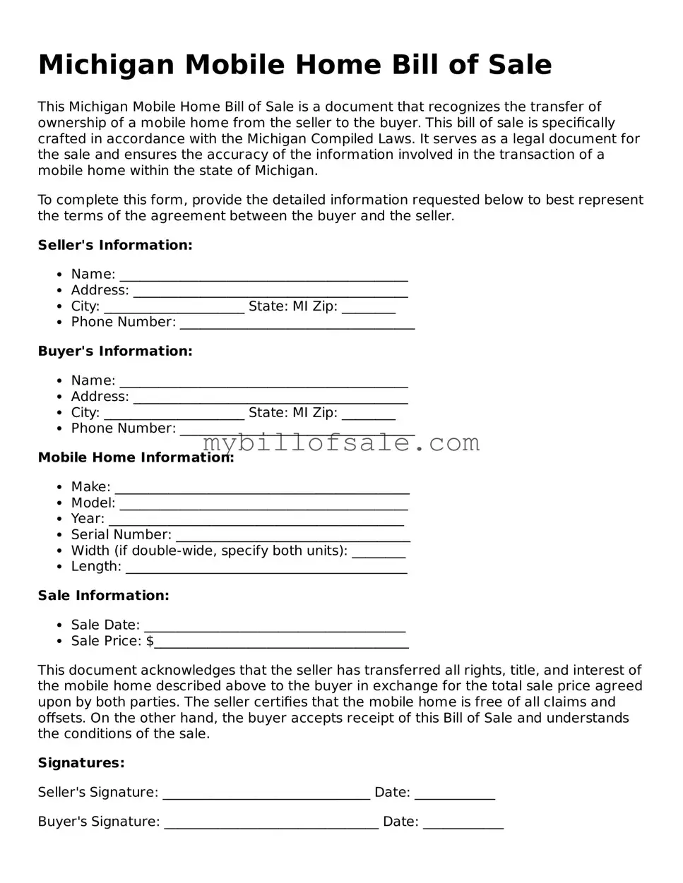 Official Michigan Mobile Home Bill of Sale Template