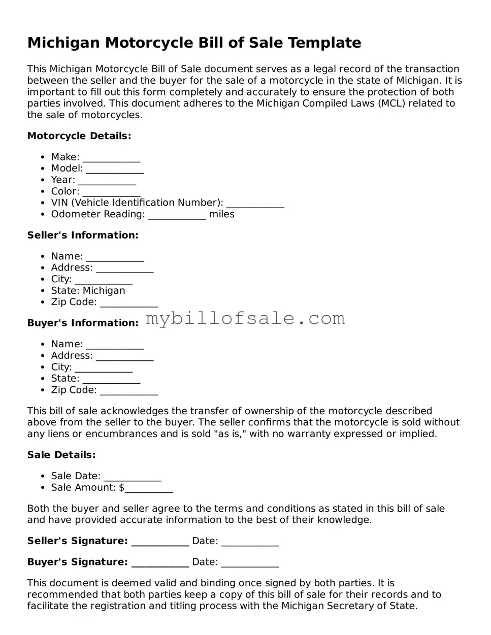 Official Michigan Motorcycle Bill of Sale Template