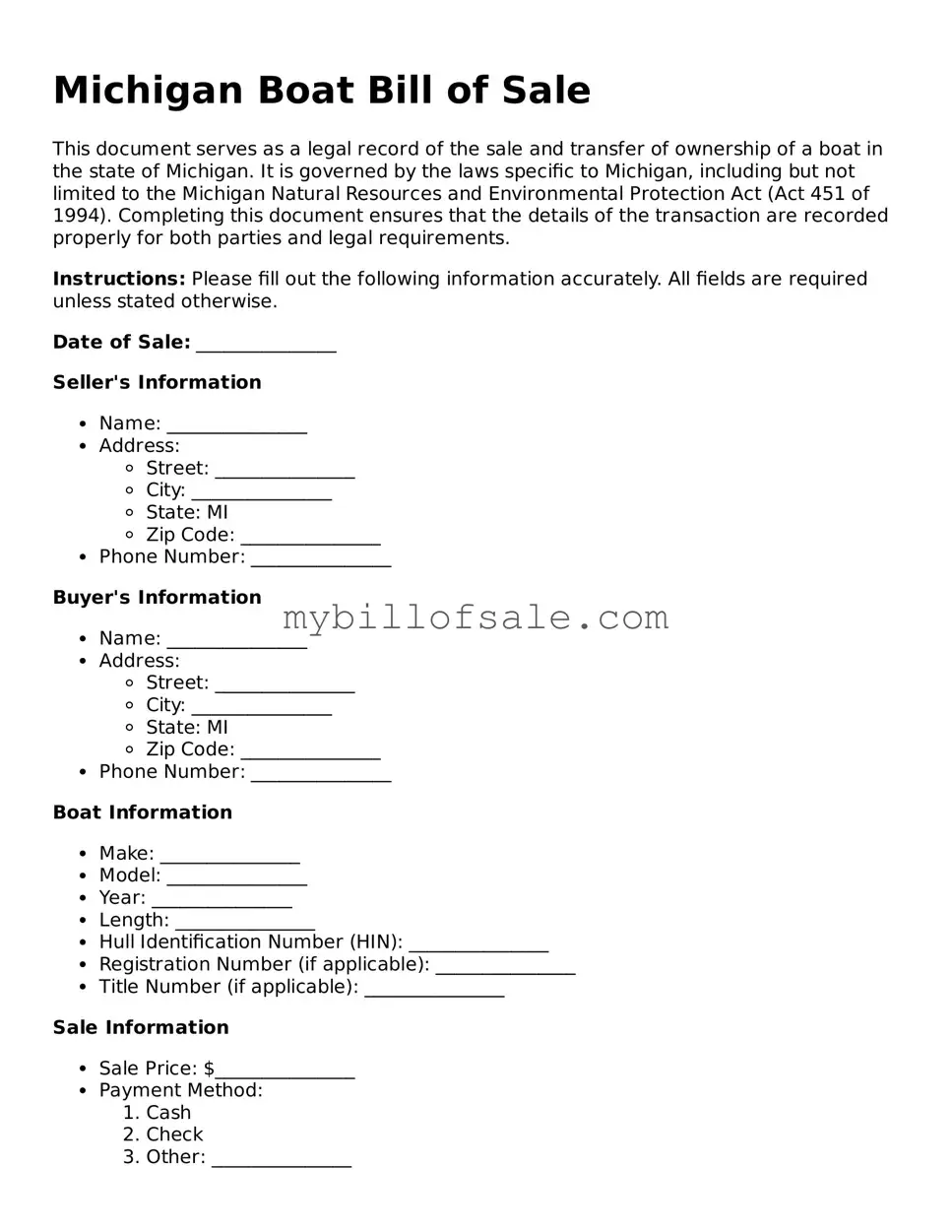 Official Michigan Boat Bill of Sale Template