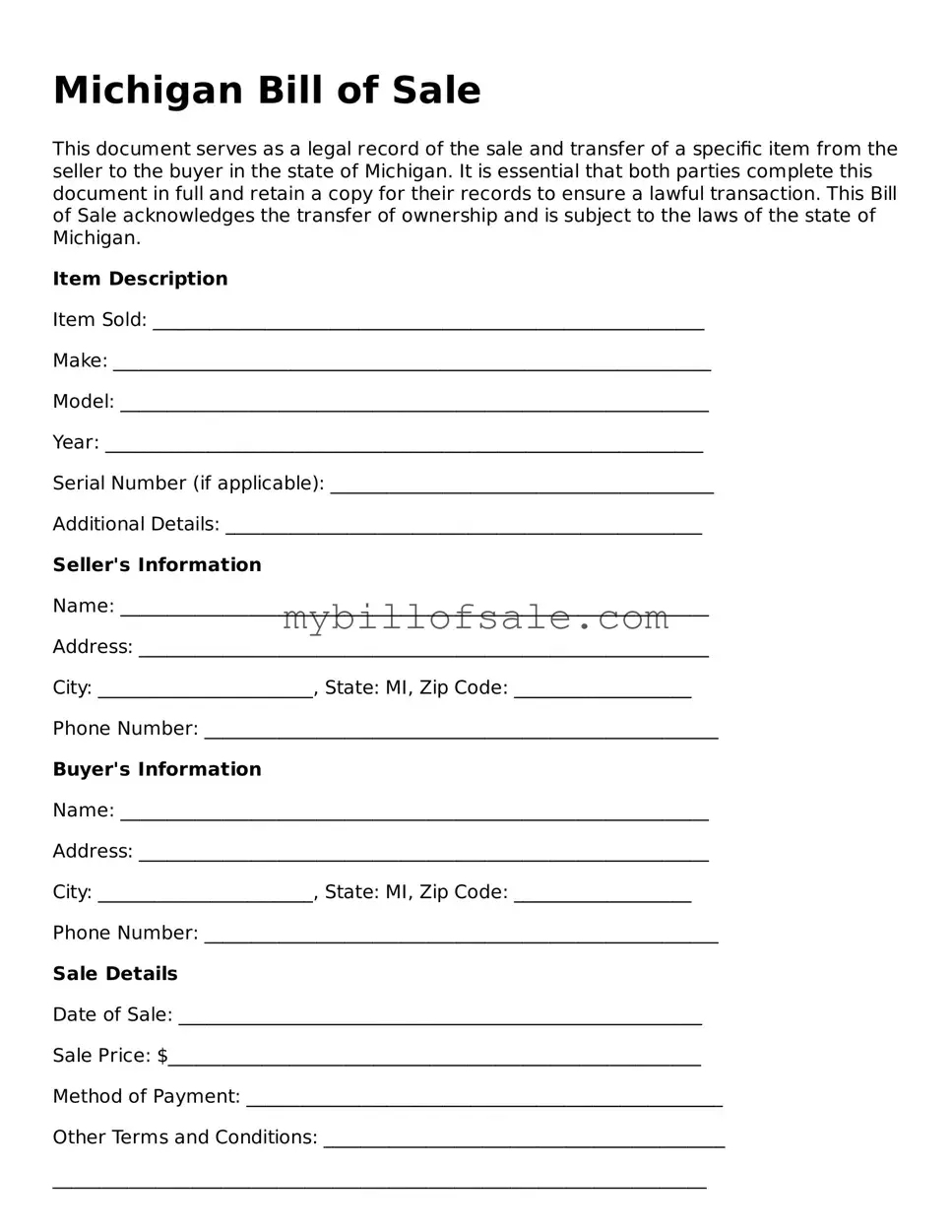 Official Michigan Bill of Sale Template