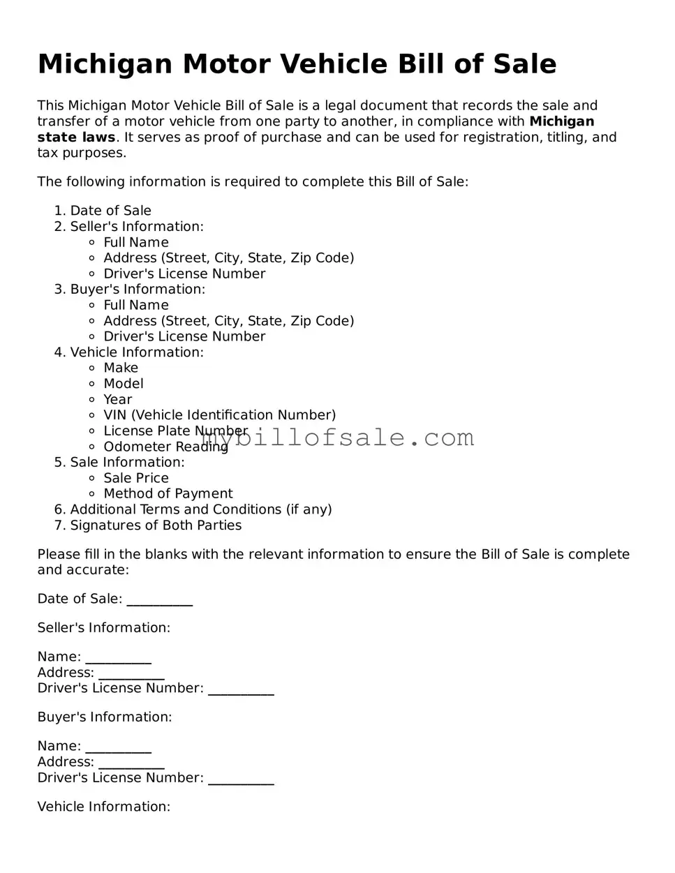 Official Michigan Motor Vehicle Bill of Sale Template