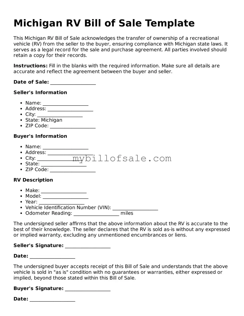 Official Michigan RV Bill of Sale Template