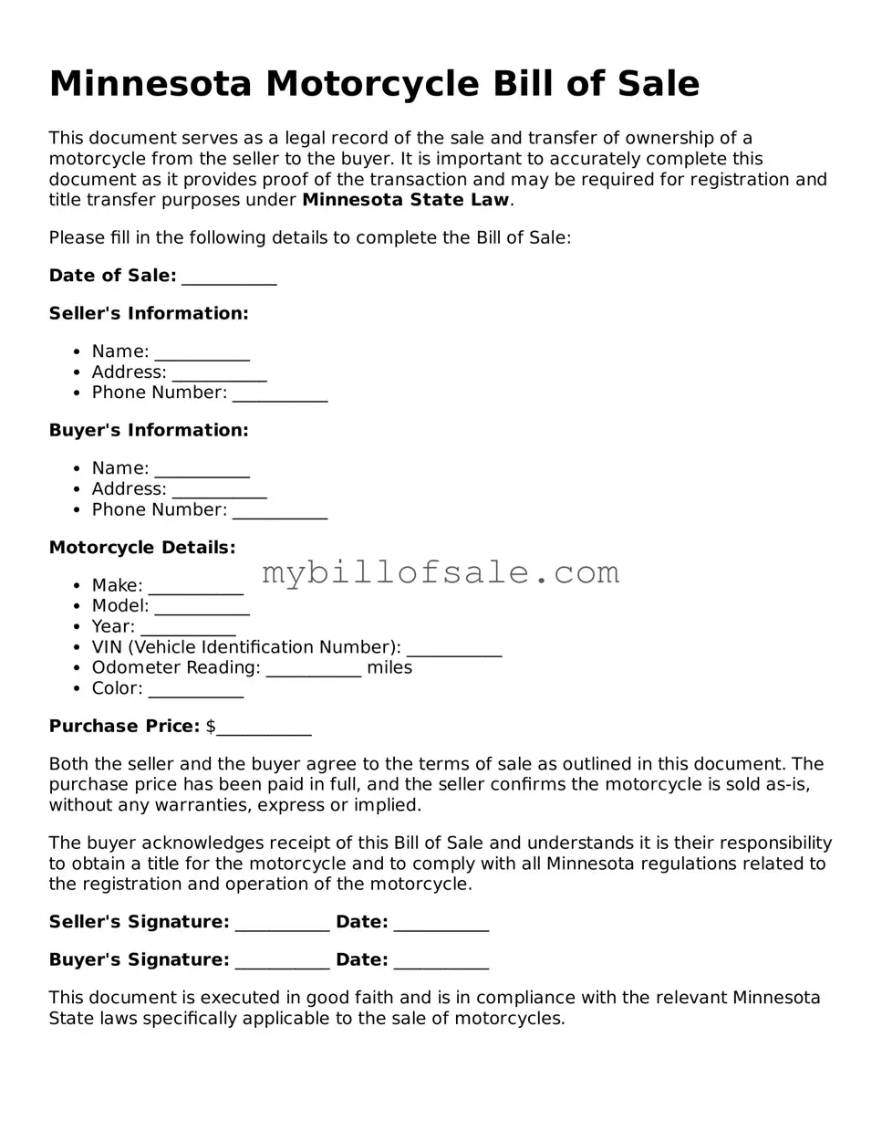 Official Minnesota Motorcycle Bill of Sale Template