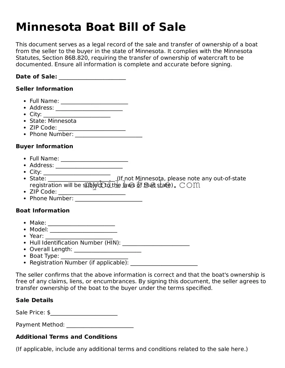 Official Minnesota Boat Bill of Sale Template