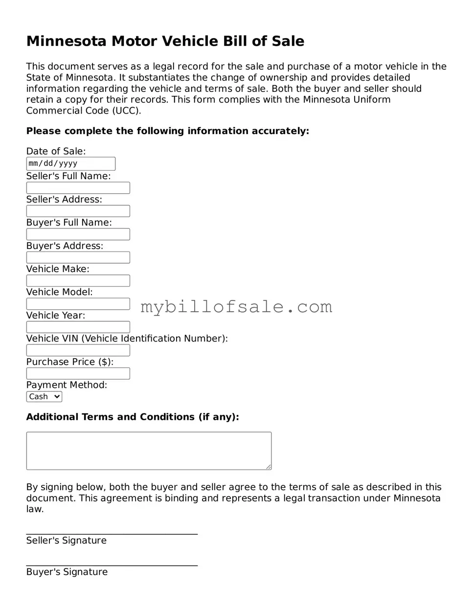 Official Minnesota Motor Vehicle Bill of Sale Template
