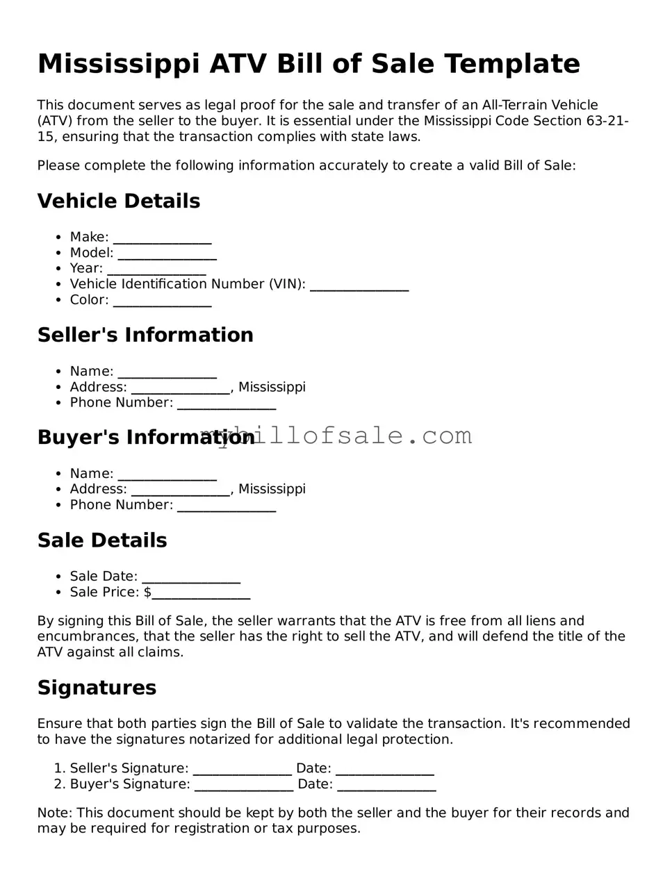 Official Mississippi ATV Bill of Sale Template
