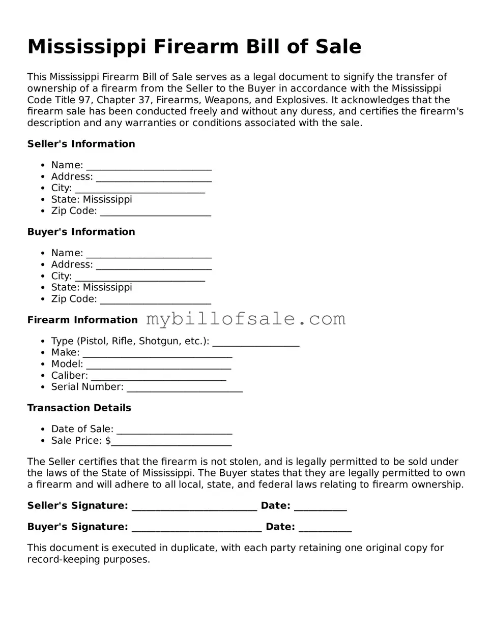 Official Mississippi Firearm Bill of Sale Template