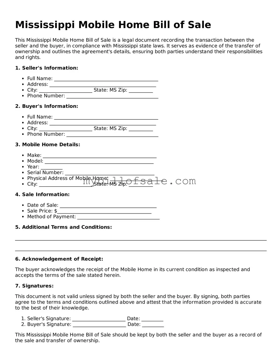 Official Mississippi Mobile Home Bill of Sale Template