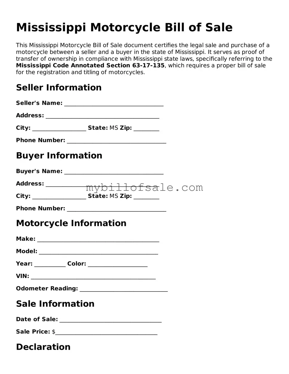 Official Mississippi Motorcycle Bill of Sale Template