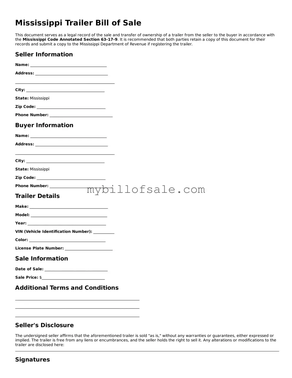 Official Mississippi Trailer Bill of Sale Template