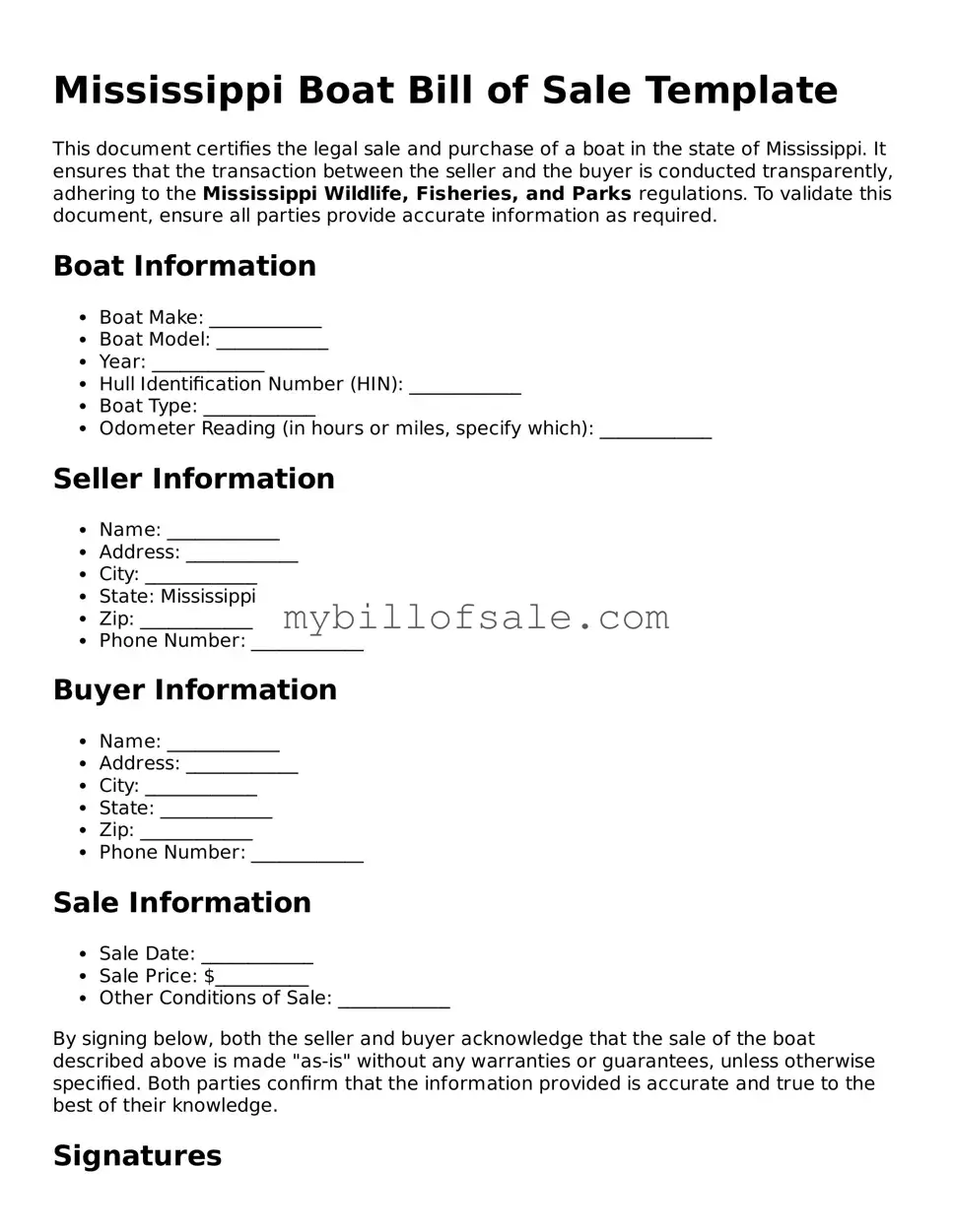 Official Mississippi Boat Bill of Sale Template