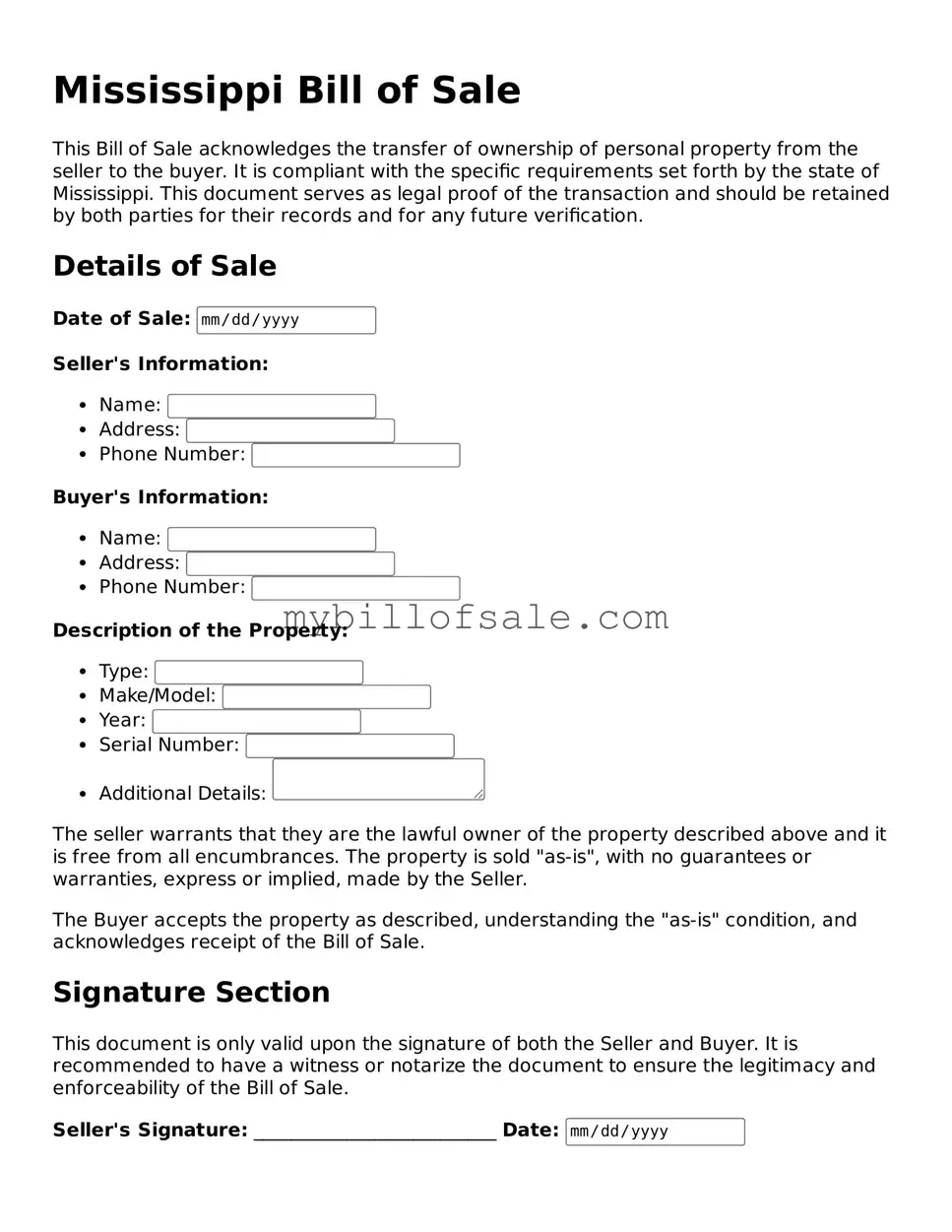 Official Mississippi Bill of Sale Template