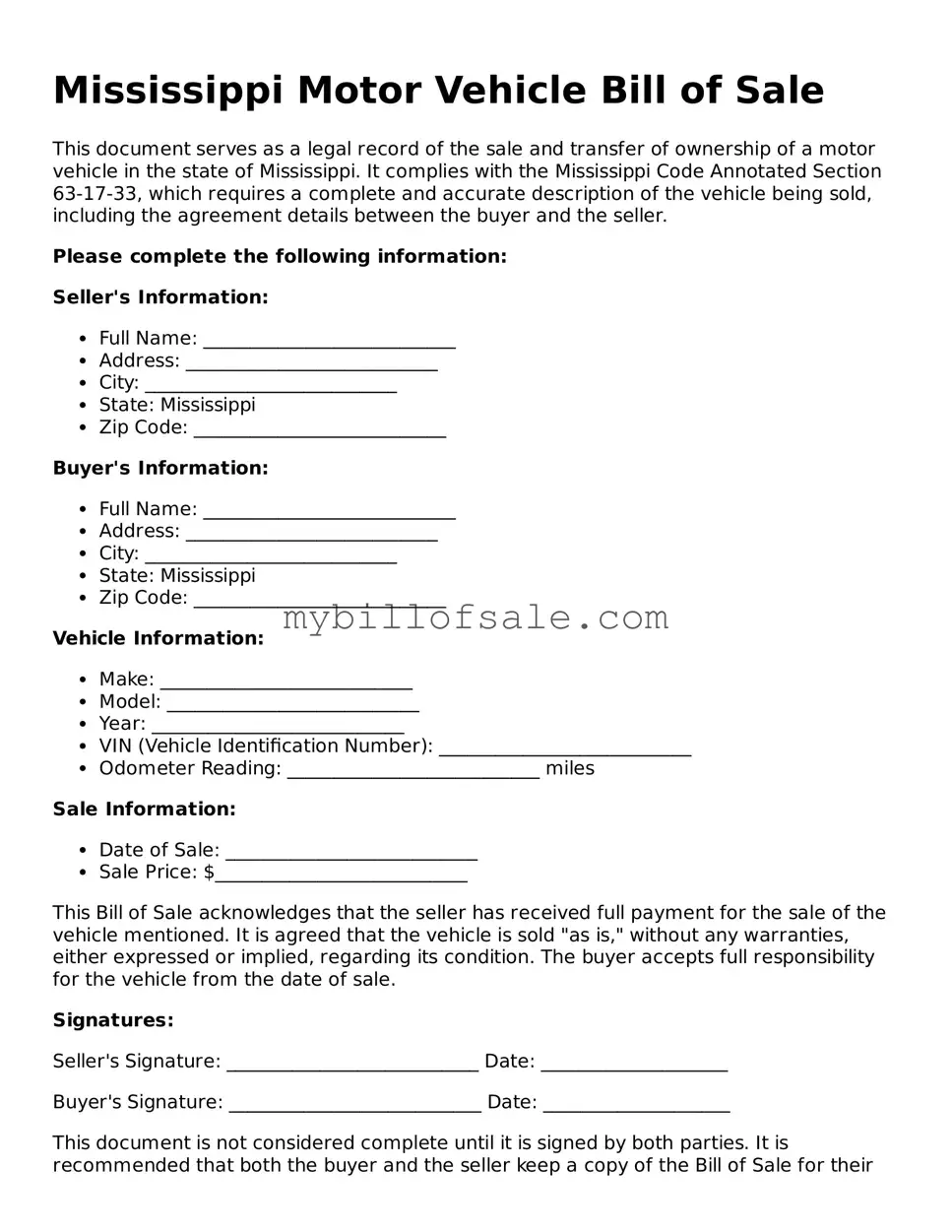 Official Mississippi Motor Vehicle Bill of Sale Template