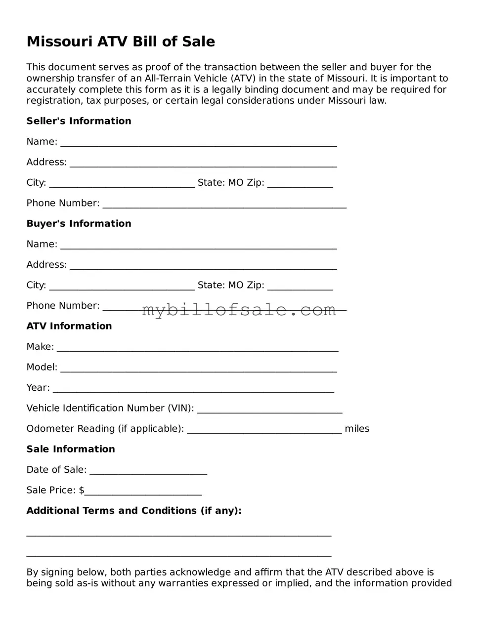 Official Missouri ATV Bill of Sale Template