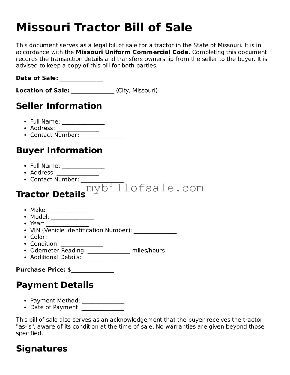 Official Missouri Tractor Bill of Sale Template