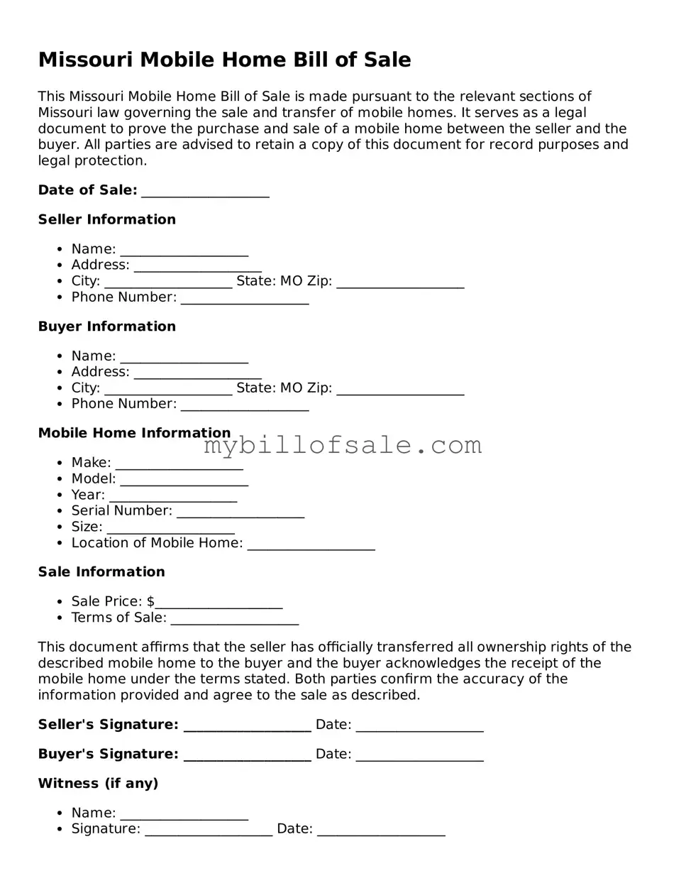 Official Missouri Mobile Home Bill of Sale Template
