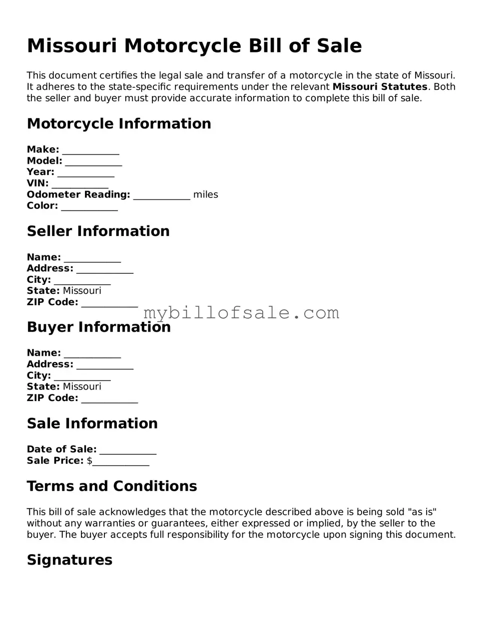 Official Missouri Motorcycle Bill of Sale Template