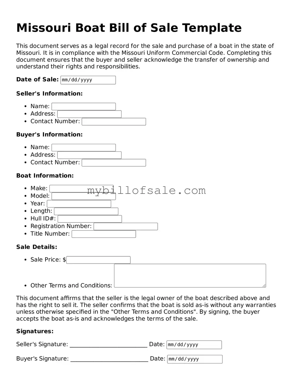 Official Missouri Boat Bill of Sale Template