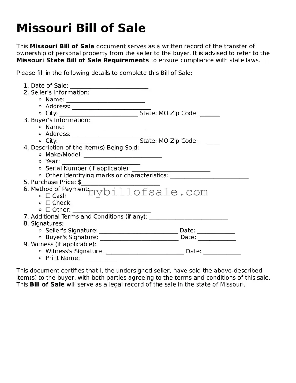 Official Missouri Bill of Sale Template