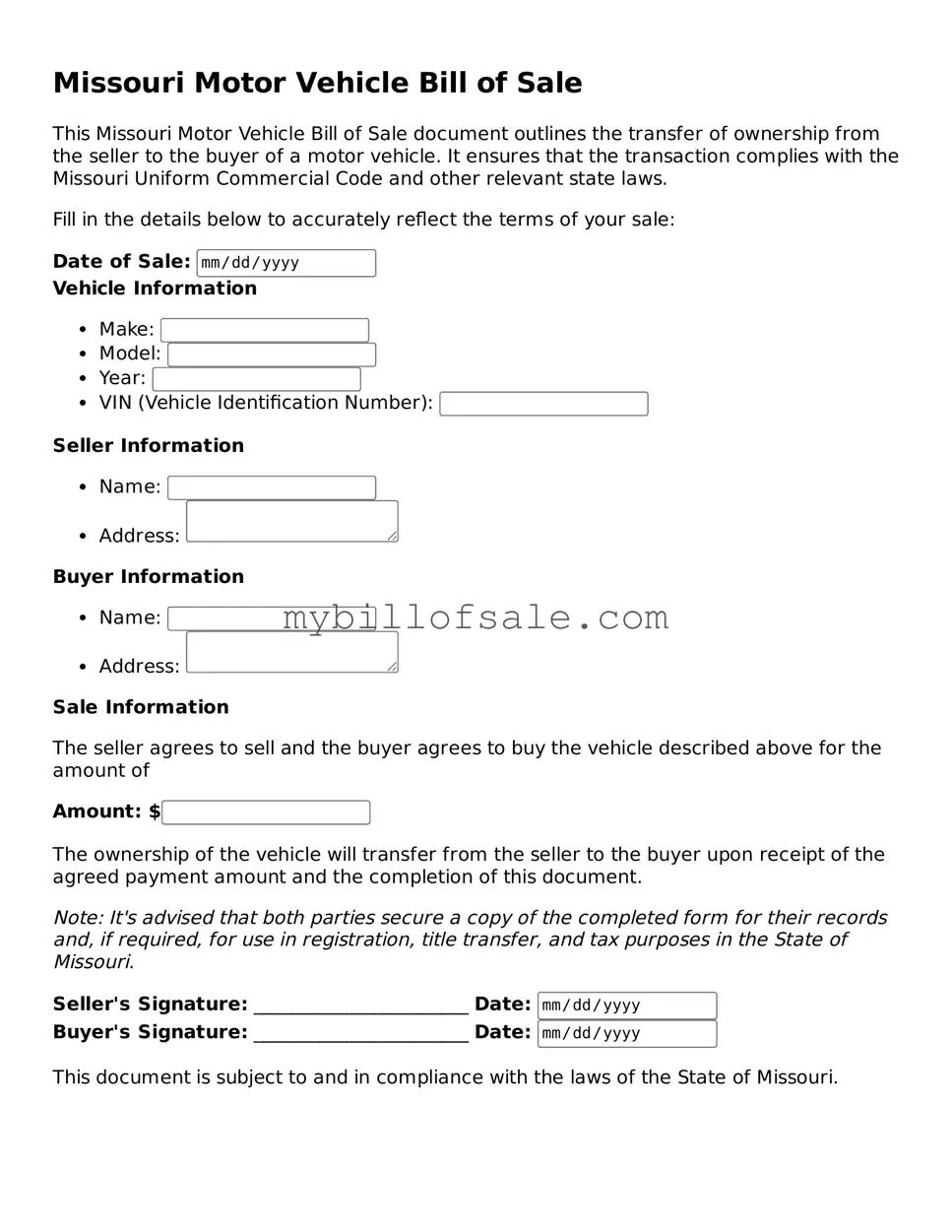 Official Missouri Motor Vehicle Bill of Sale Template