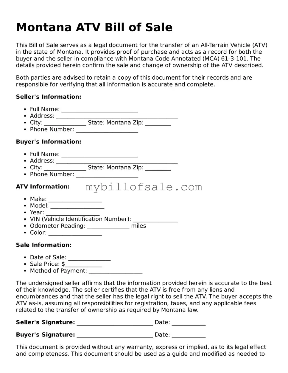 Official Montana ATV Bill of Sale Template