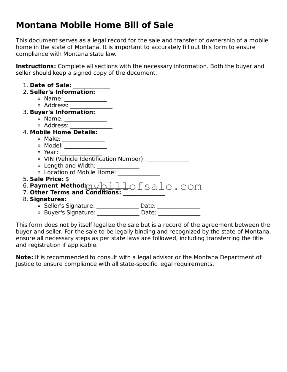 Official Montana Mobile Home Bill of Sale Template