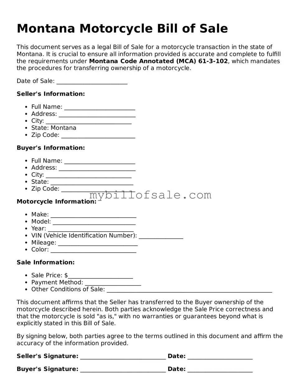 Official Montana Motorcycle Bill of Sale Template