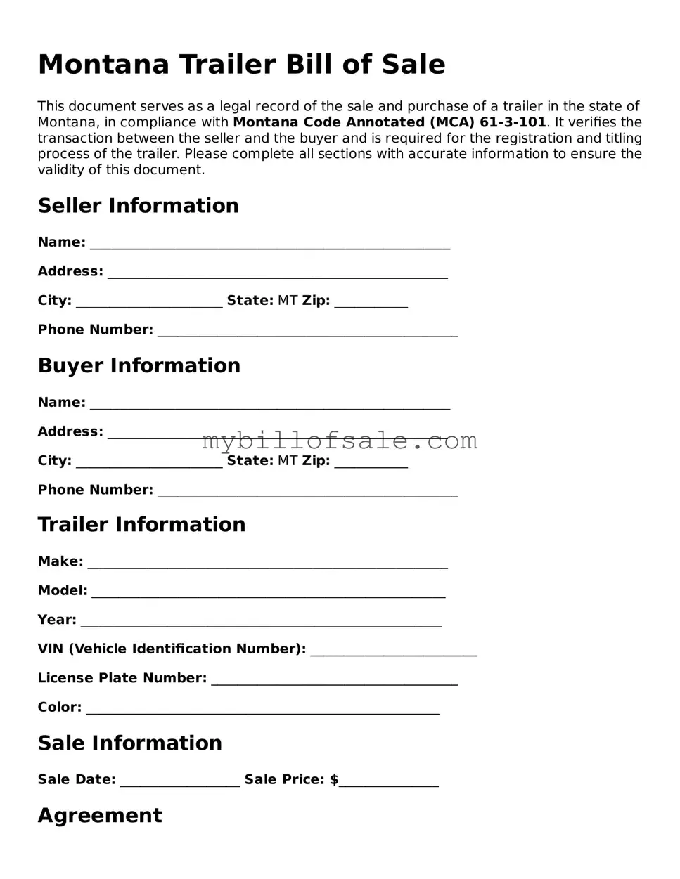 Official Montana Trailer Bill of Sale Template