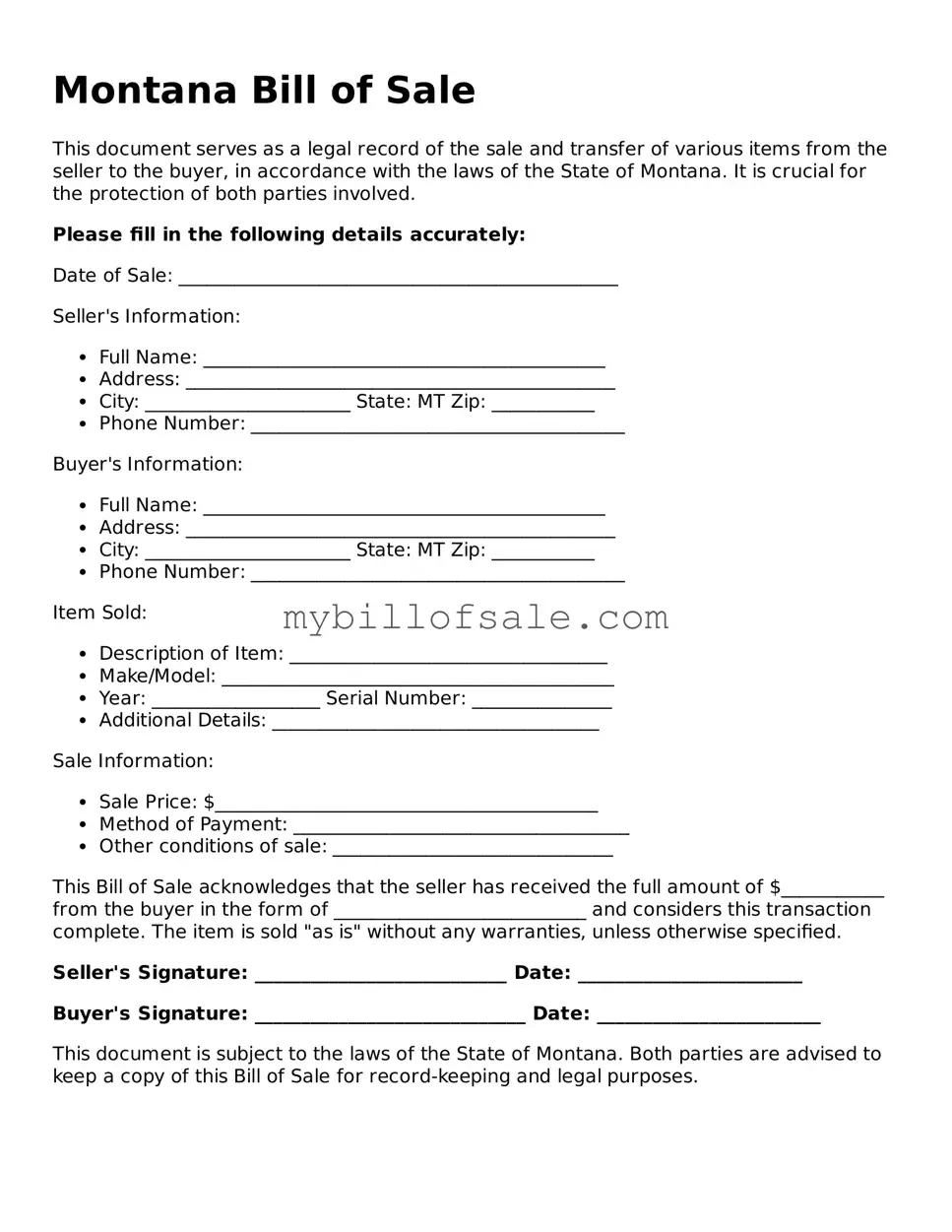 Official Montana Bill of Sale Template