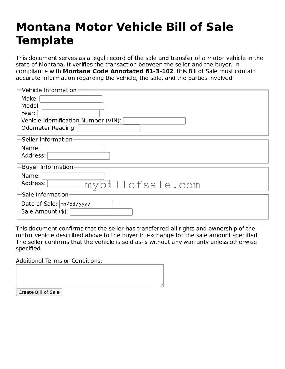 Official Montana Motor Vehicle Bill of Sale Template