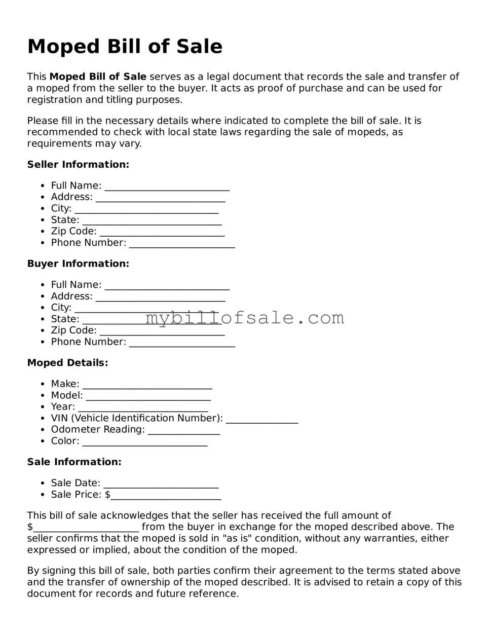 Blank Moped Bill of Sale Form
