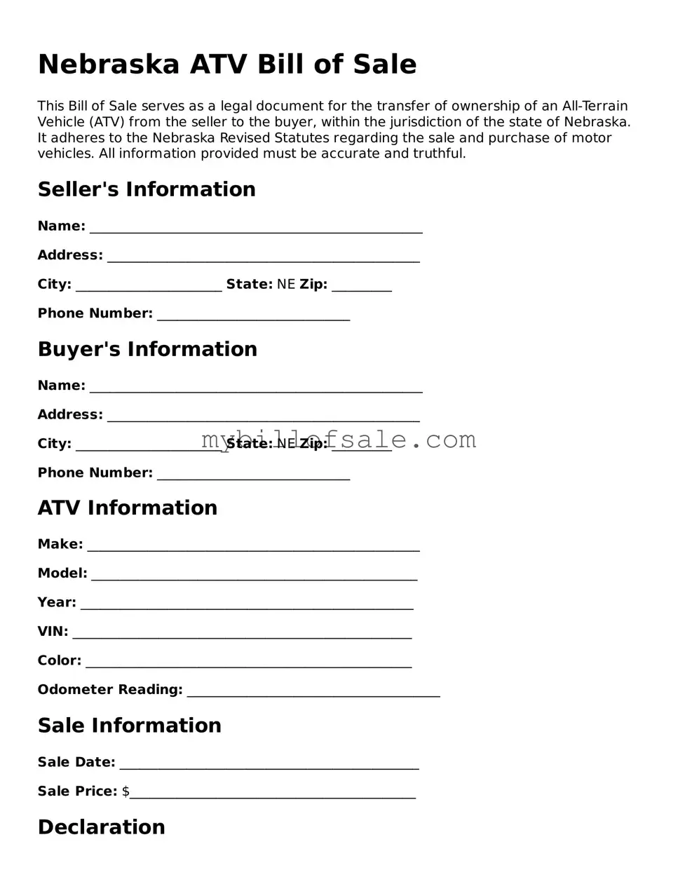 Official Nebraska ATV Bill of Sale Template
